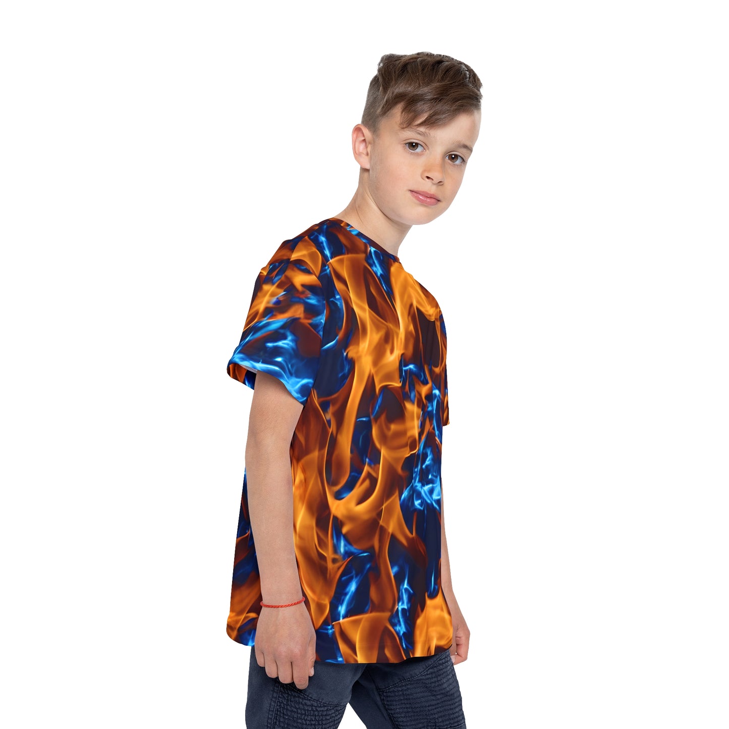 Blaze a Trail: All Over Print Kid Sport Jersey with Blue and Orange Flames