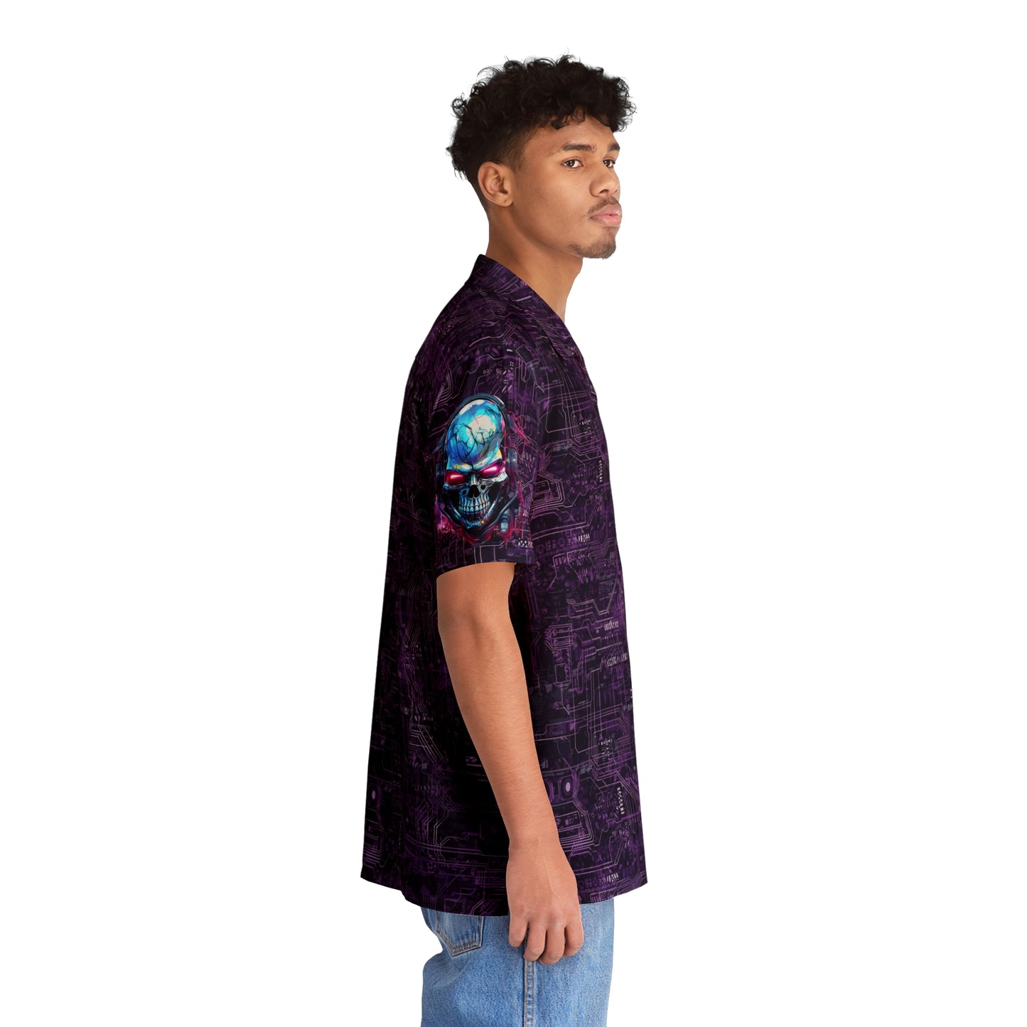 CyberPunk Cybernetic Skull breaking through a Purple Neon Circuit Board Men's Hawaiian Shirt (AOP)