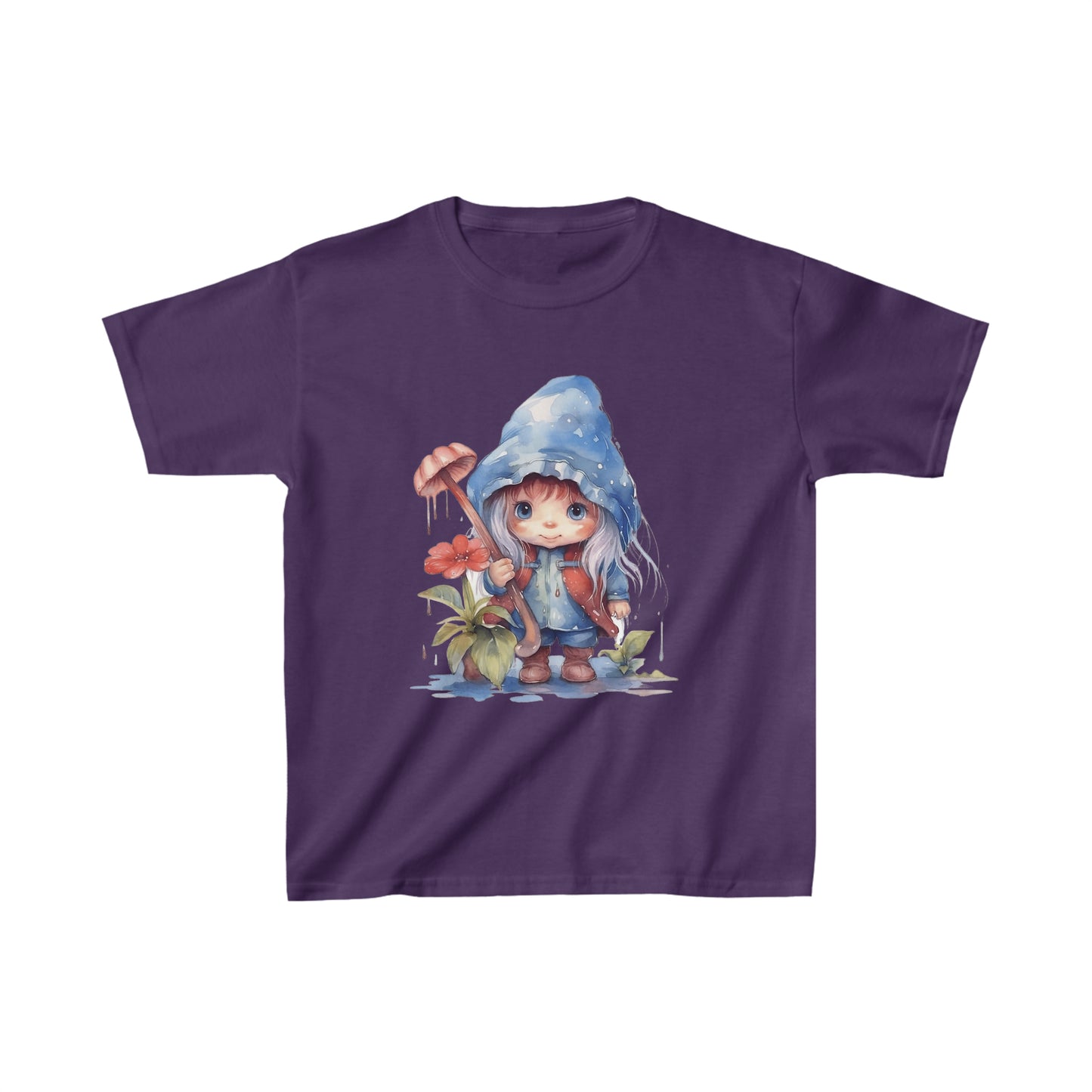 Watercolor Art of a little Gnome Girl with Blonde Hair holding a mushroom Kids Heavy Cotton™ Tee