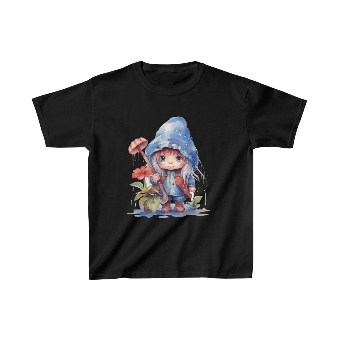 Watercolor Art of a little Gnome Girl with Blonde Hair holding a mushroom Kids Heavy Cotton™ Tee