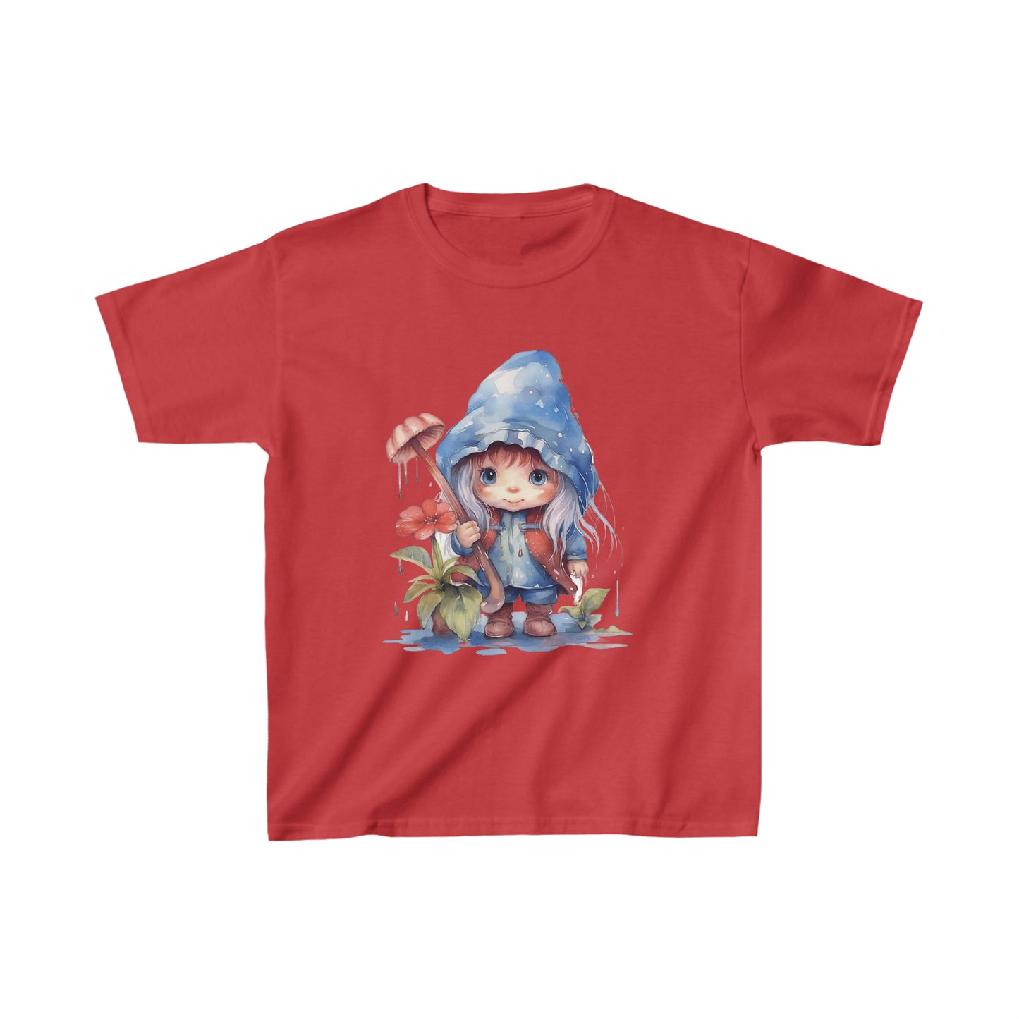 Watercolor Art of a little Gnome Girl with Blonde Hair holding a mushroom Kids Heavy Cotton™ Tee