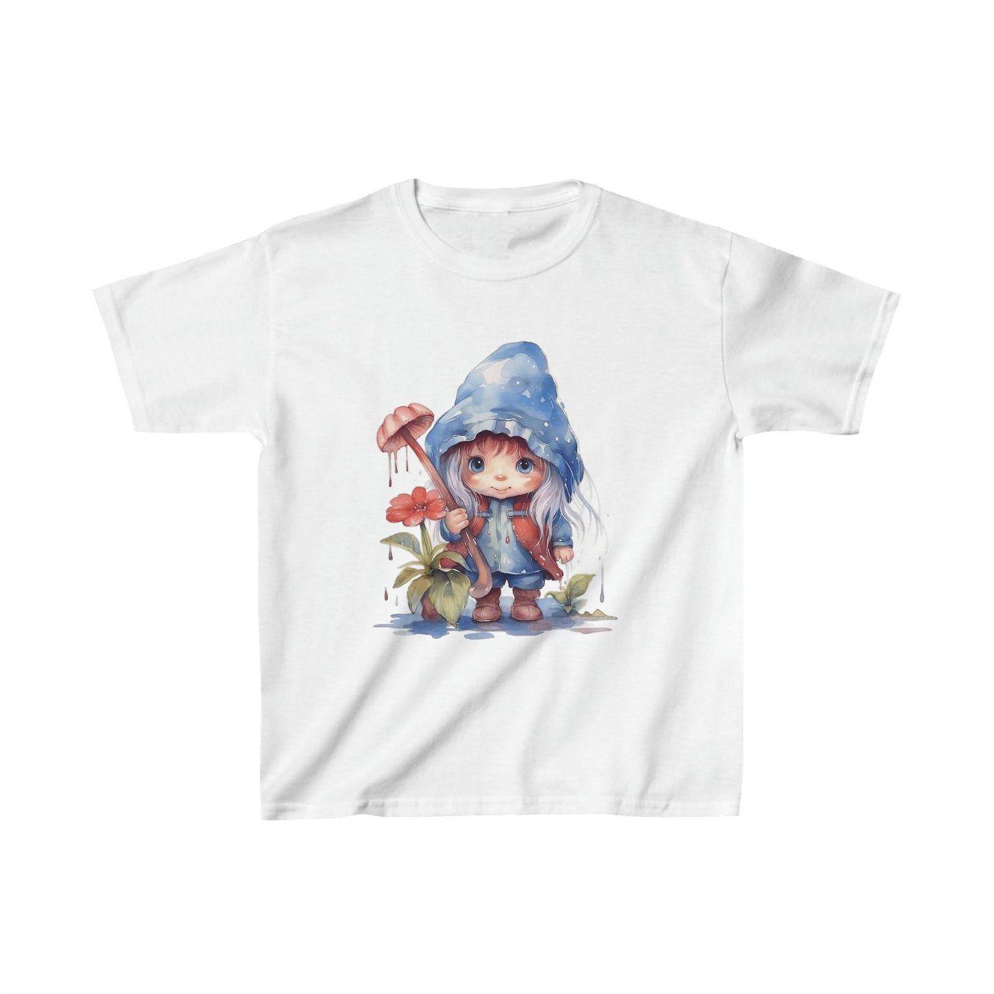 Watercolor Art of a little Gnome Girl with Blonde Hair holding a mushroom Kids Heavy Cotton™ Tee