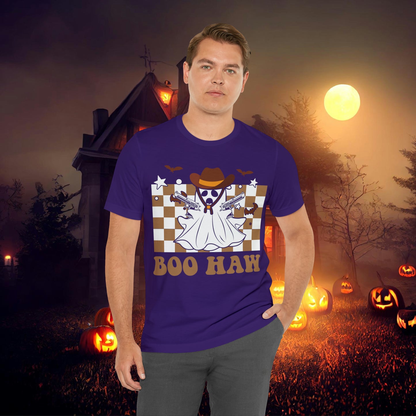 Cowboy Gunslinging Ghost saying Boo Haw Retro Western Halloween Unisex Jersey Short Sleeve Tee Gifts for Him Gifts for Her