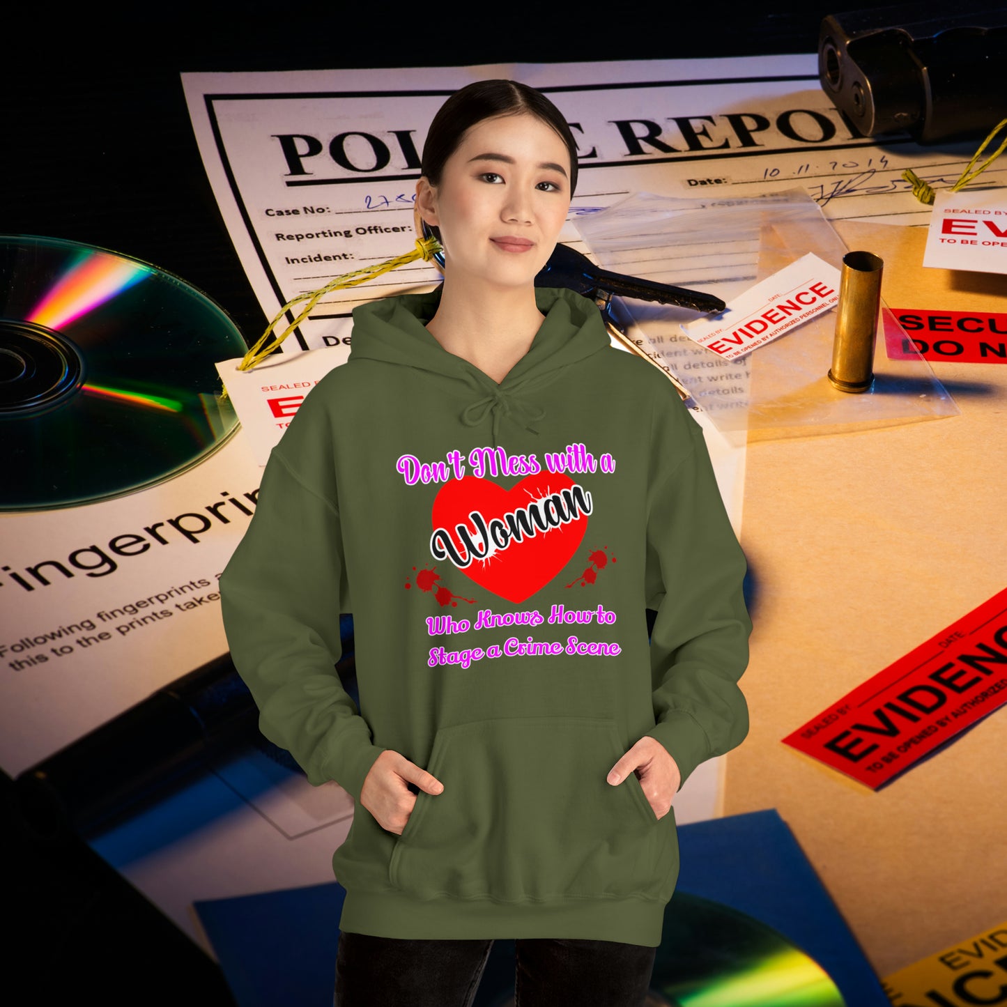 Don't Mess With a Woman who knows how to stage a Crime Scene Unisex Heavy Blend™ Hooded Sweatshirt Gifts for Him Gifts for her