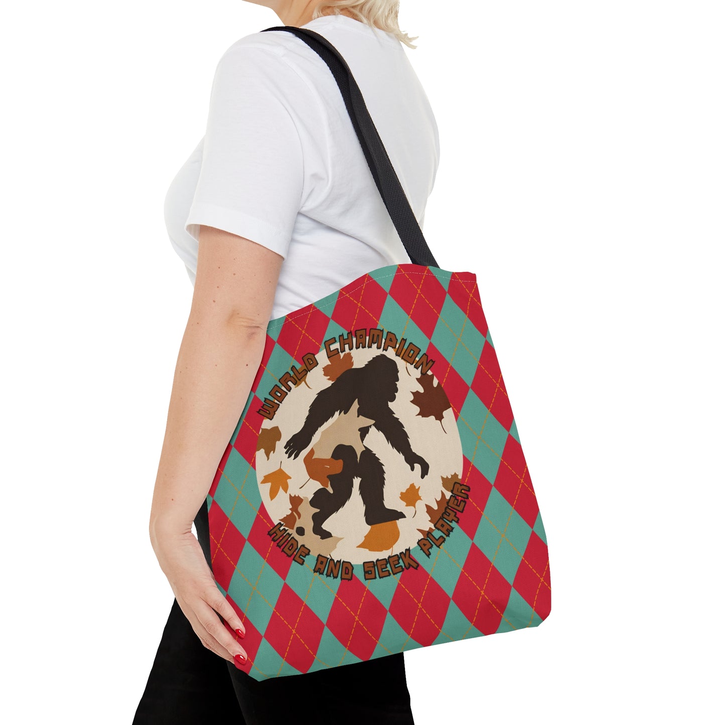 Bigfoot in Fall Leaves Plaid Tote Bag (AOP) - World Champion Hide and Seek Player