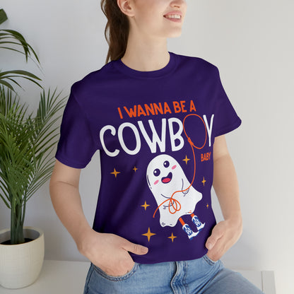 Little Ghost Saying I wanna be a cowboy baby Retro Groovy Western Halloween Unisex Jersey Short Sleeve Tee Gifts for Him Gifts for her.