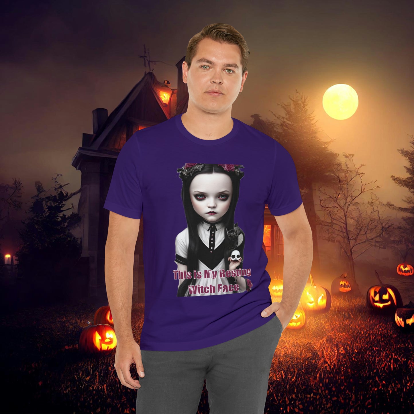 Wednesday Addams Chibi by Charlie Bowater This Is my Resting Witch Face Halloween Unisex Jersey Short Sleeve Tee