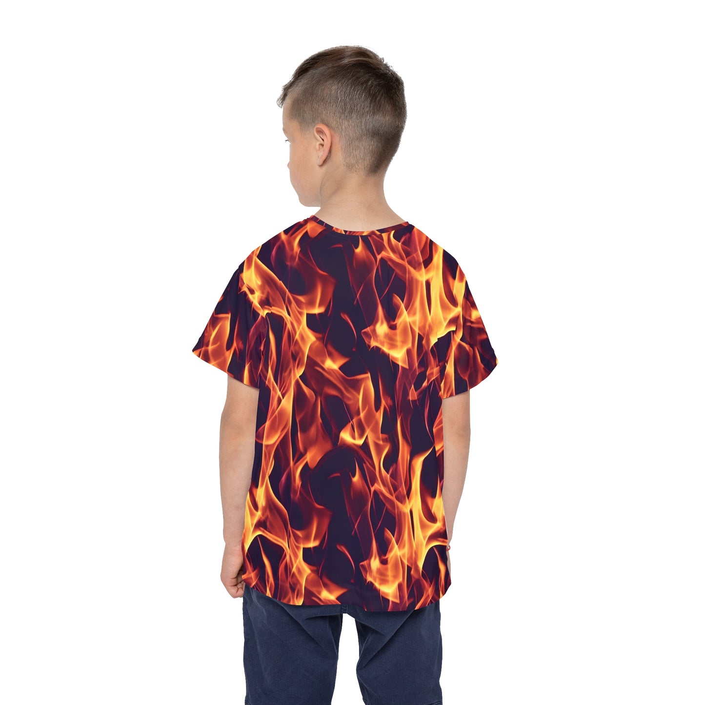 Fuel Their Passion: All Over Print Kid Sport Jersey with Flames