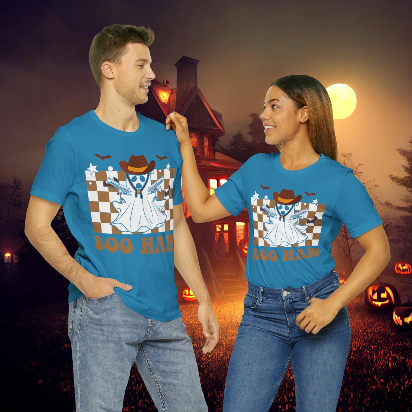 Cowboy Gunslinging Ghost saying Boo Haw Retro Western Halloween Unisex Jersey Short Sleeve Tee Gifts for Him Gifts for Her