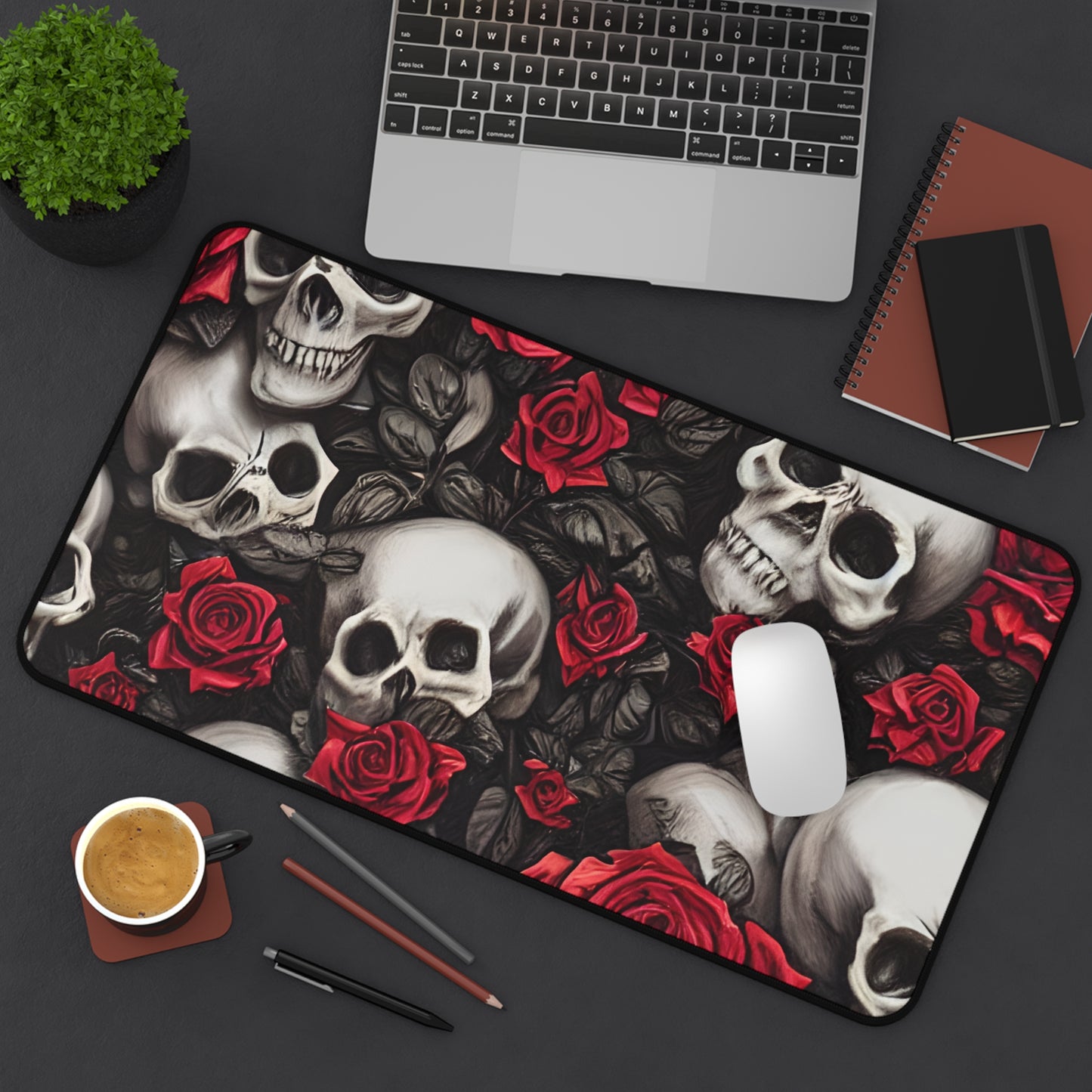 Hyper Realistic Skulls and Red Roses by artist Anne-Laure Goupil Desk Mat