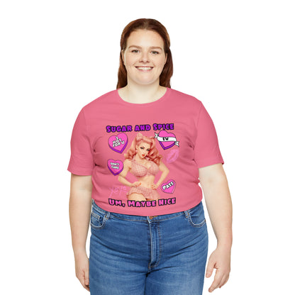 Sarcastic Elegance: Vintage Pink Pinup Girl "Sugar and Spice" on a Bella+Canva 3001 Unisex Jersey T-Shirt - A Must-Have Gift for her