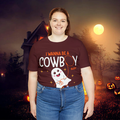 Little Ghost Saying I wanna be a cowboy baby Retro Groovy Western Halloween Unisex Jersey Short Sleeve Tee Gifts for Him Gifts for her.