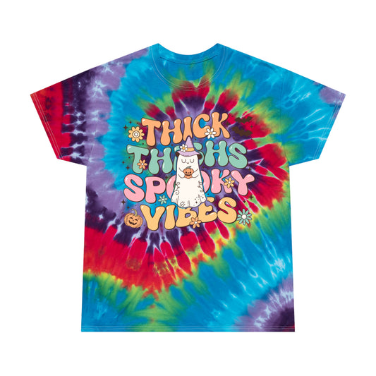 Thick Thighs Spooky Vibes Retro Groovy Halloween Tie-Dye Tee, Spiral Gifts for Him GIfts For Her