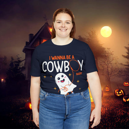 Little Ghost Saying I wanna be a cowboy baby Retro Groovy Western Halloween Unisex Jersey Short Sleeve Tee Gifts for Him Gifts for her.