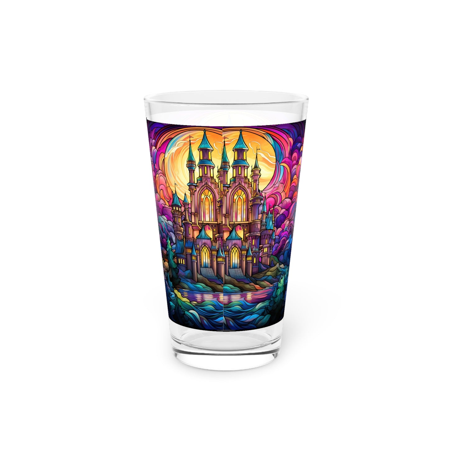 Enchanted Castle by the Creek: A Magical Stained Glass Artwork on a 16oz Pint Glass Gift idea, gifts for home decor, housewarming gift