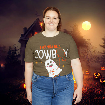 Little Ghost Saying I wanna be a cowboy baby Retro Groovy Western Halloween Unisex Jersey Short Sleeve Tee Gifts for Him Gifts for her.