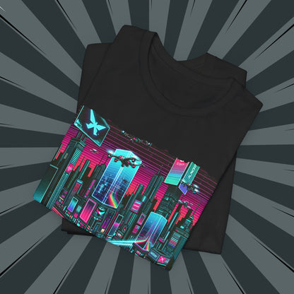 Neon Cityscape Tee, Retro Graphic T-Shirt, Unisex Casual Wear, Streetwear, Holiday Gift, Cyberpunk Style