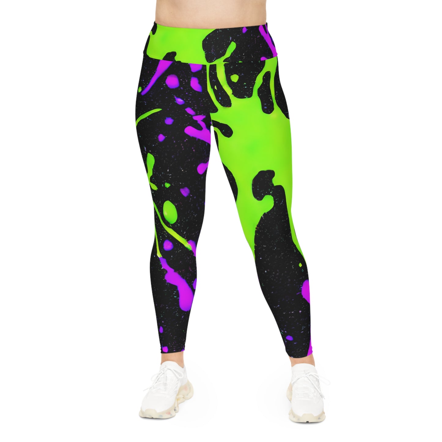 Plus Size Leggings with Green and Pink Paint Splatters (AOP) - Stylish Comfort for Every Curve