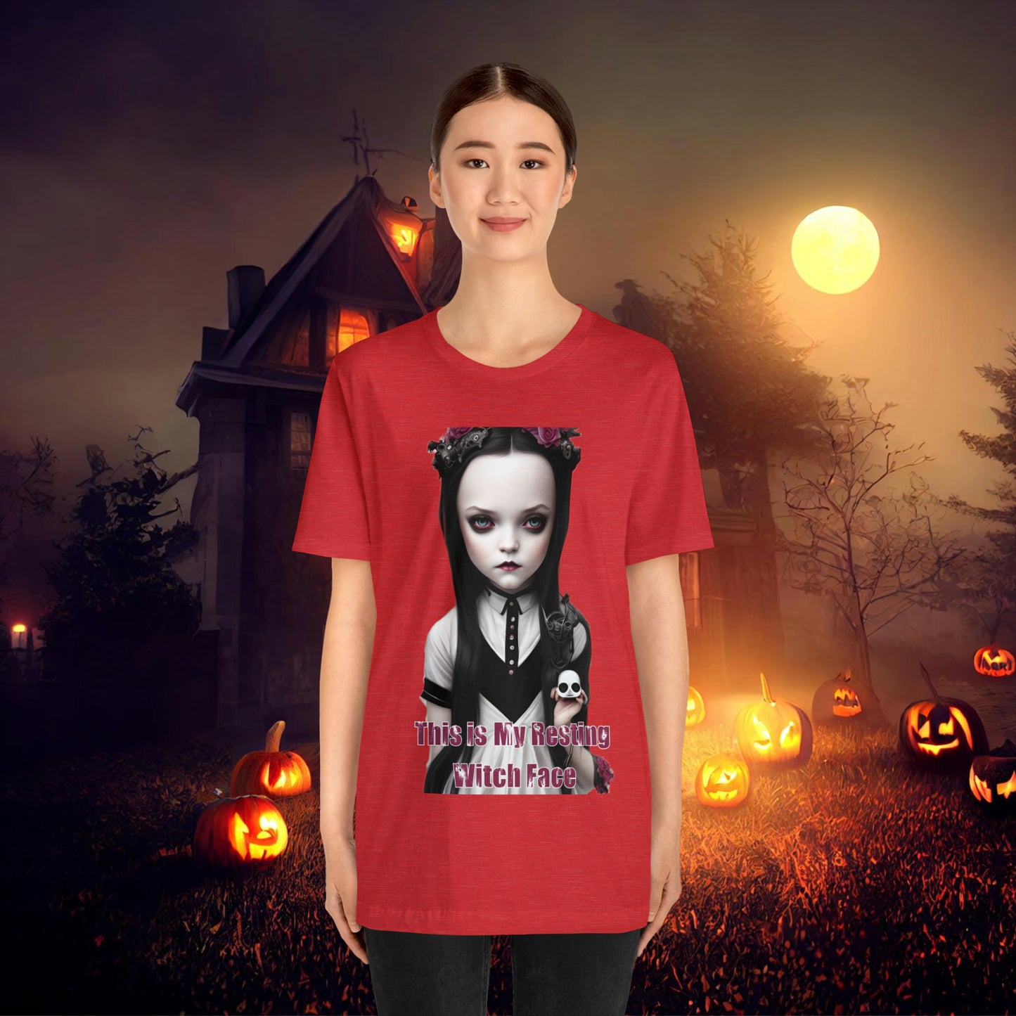 Wednesday Addams Chibi by Charlie Bowater This Is my Resting Witch Face Halloween Unisex Jersey Short Sleeve Tee