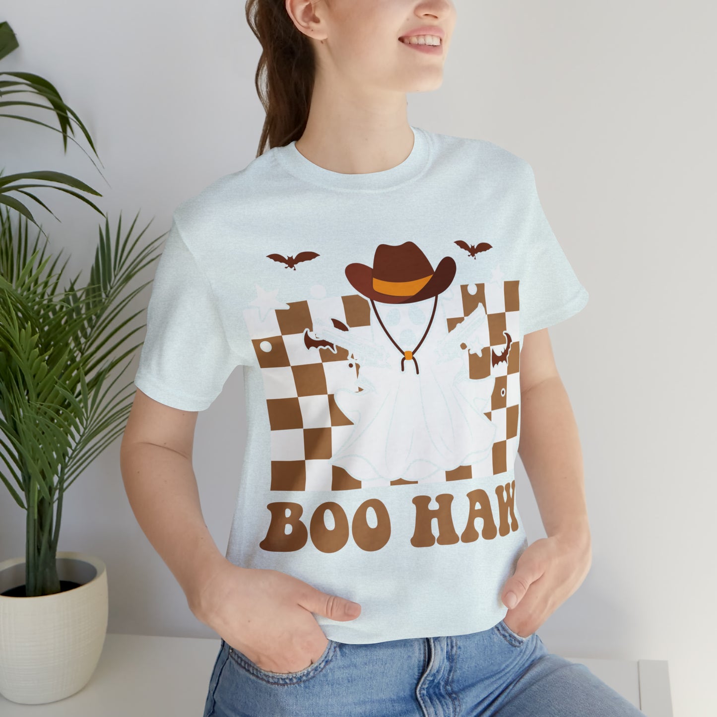 Cowboy Gunslinging Ghost saying Boo Haw Retro Western Halloween Unisex Jersey Short Sleeve Tee Gifts for Him Gifts for Her