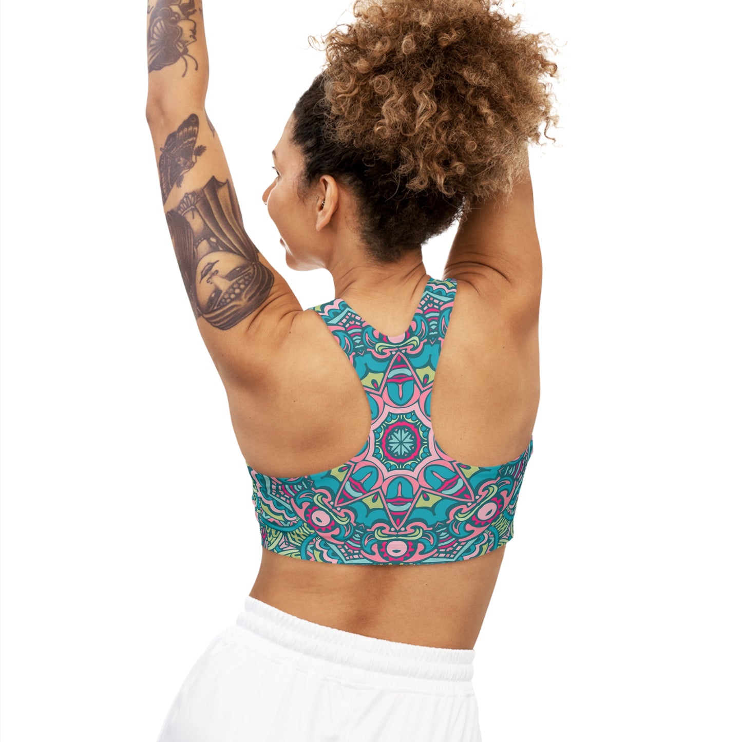 Boho Bliss: All Over Print Seamless Sports Bra with Green Boho Vibes