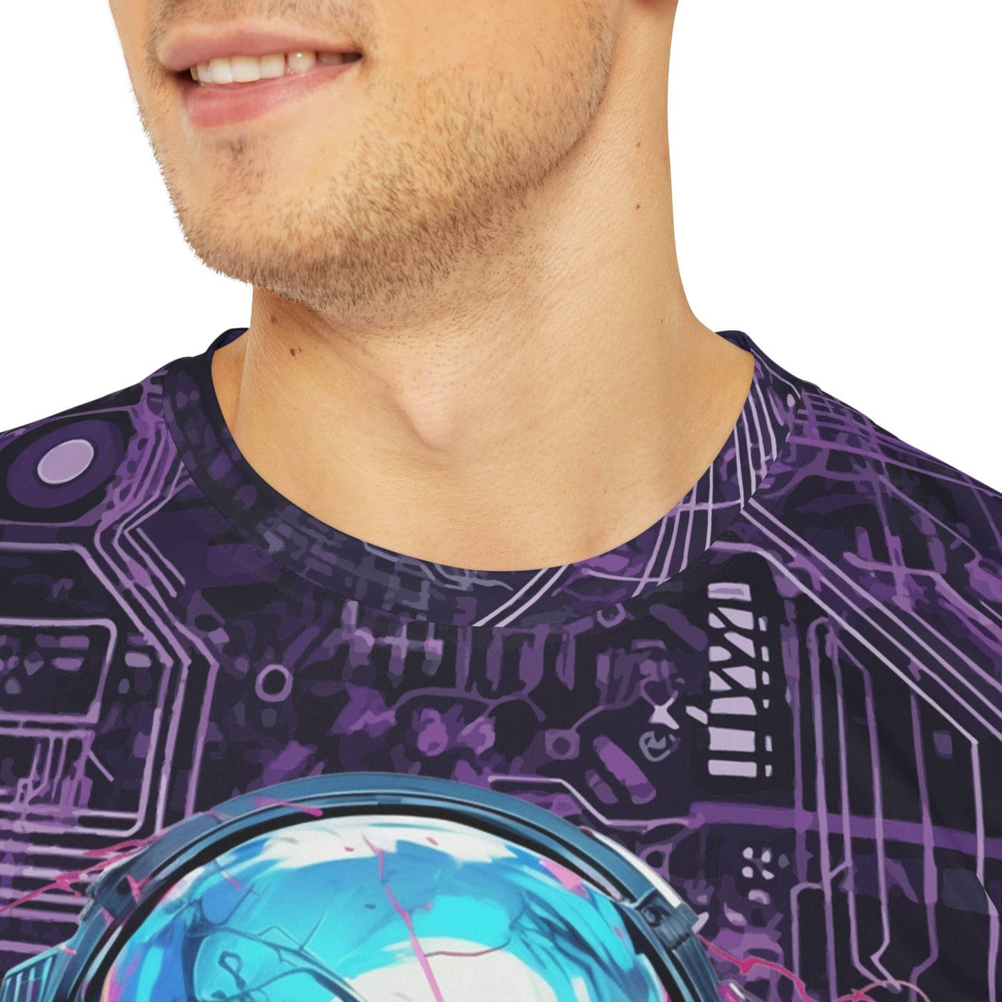 CyberPunk Cybernetic Skull breaking through a Purple Neon Circuit Board Men's Polyester Tee (AOP)