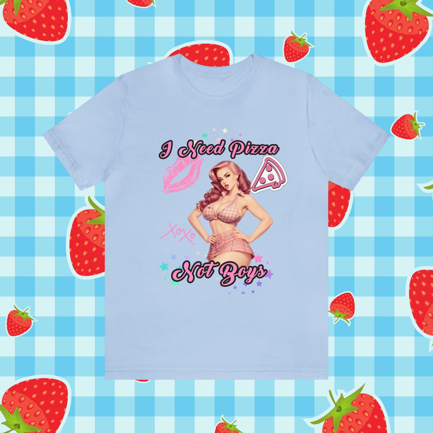 Vintage Pink Pinup Girl "I need Pizza Not Boys" on a Bella+Canva 3001 Unisex Jersey T-Shirt - A Must-Have Gift for her