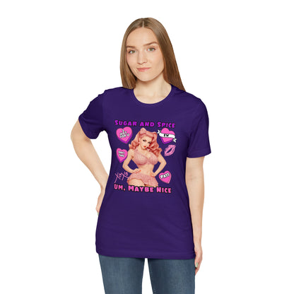 Sarcastic Elegance: Vintage Pink Pinup Girl "Sugar and Spice" on a Bella+Canva 3001 Unisex Jersey T-Shirt - A Must-Have Gift for her