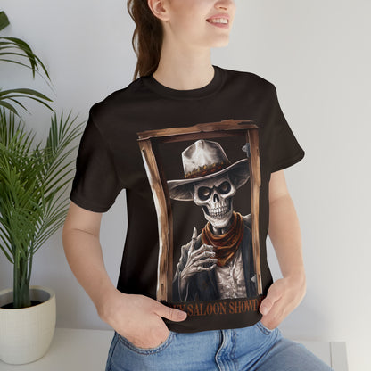 Spooky Saloon Showdown Gunslinging Skeleton Cowboy Halloween Unisex Jersey Short Sleeve Tee