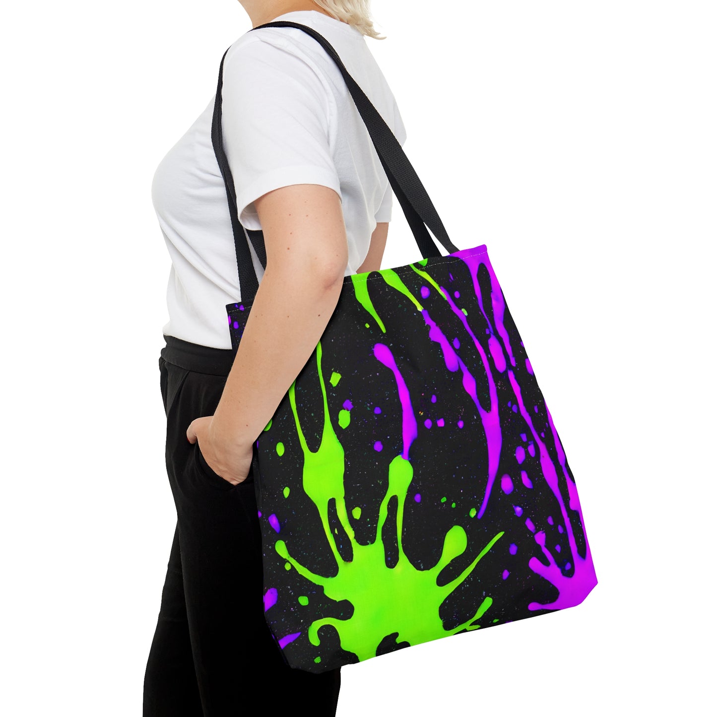 Chic Color Burst: Green & Pink Splatter Print Tote - Stand Out!