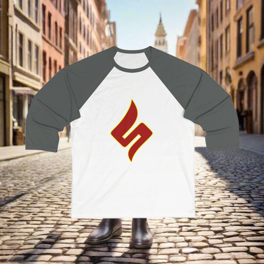 Baseball shirt with gray sleeves and a red logo on a white background