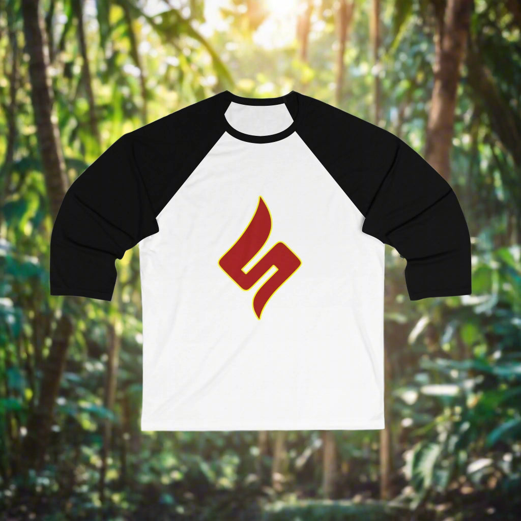 Black and white baseball shirt with a red and yellow logo on a white background