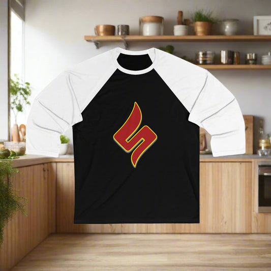 Black and white baseball shirt with a red and yellow logo on a white background