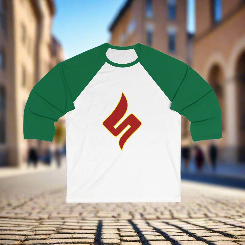 Green and white baseball shirt with red logo on a white background