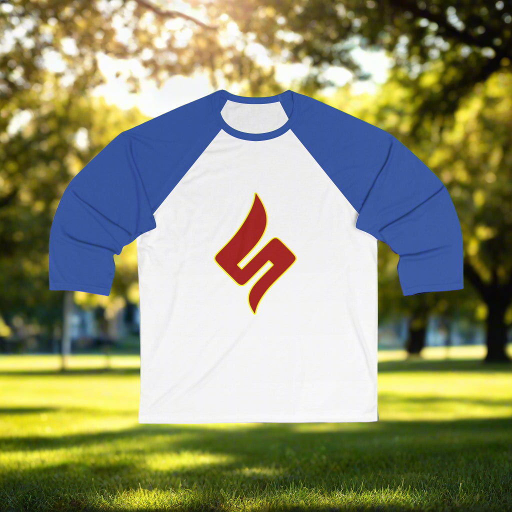 Baseball shirt with blue sleeves and a red logo on a white background