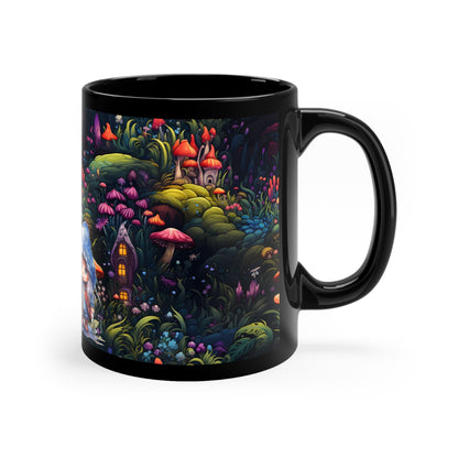 Fairy Tale Magical Forest With Colorful Mushrooms with little gnome girl11oz Black Mug
