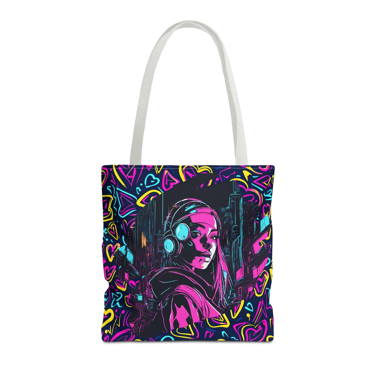 Cyberpunk Girl in Neon Graffiti Hearts AOP Tote Bag 3 sizes 5 color handle options