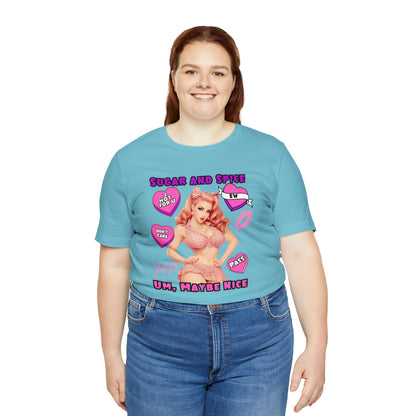 Sarcastic Elegance: Vintage Pink Pinup Girl "Sugar and Spice" on a Bella+Canva 3001 Unisex Jersey T-Shirt - A Must-Have Gift for her