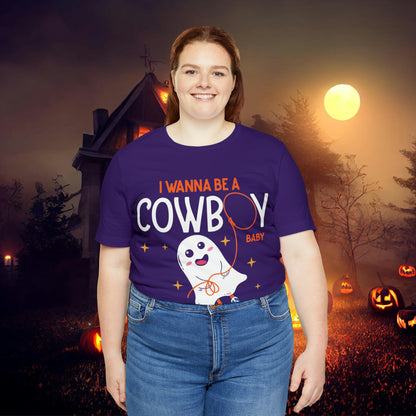 Little Ghost Saying I wanna be a cowboy baby Retro Groovy Western Halloween Unisex Jersey Short Sleeve Tee Gifts for Him Gifts for her.