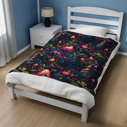 Fairy Tale Magical Forest With Colorful Mushrooms Velveteen Plush Blanket