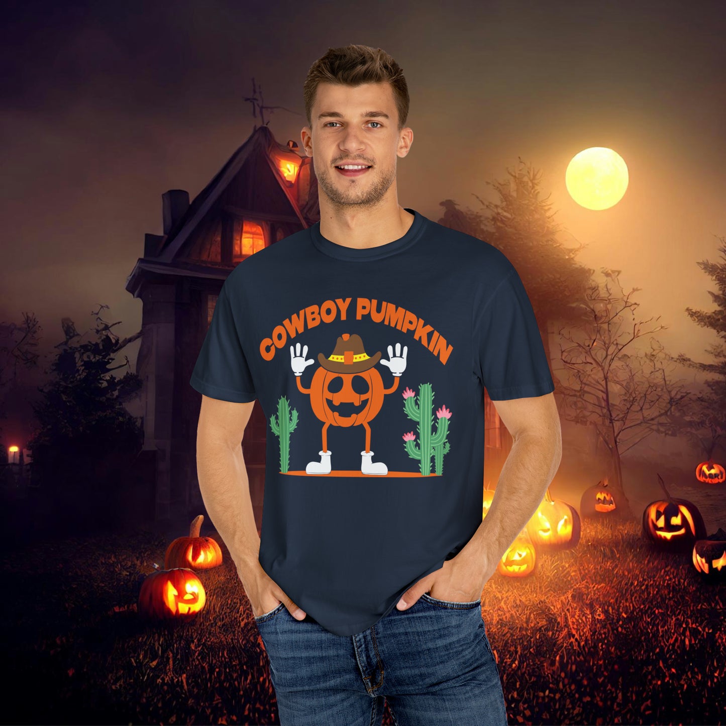 Cowboy Pumpkin Retro Groovy Halloween Unisex Garment-Dyed T-shirt Gifts for Him Gifts for Her