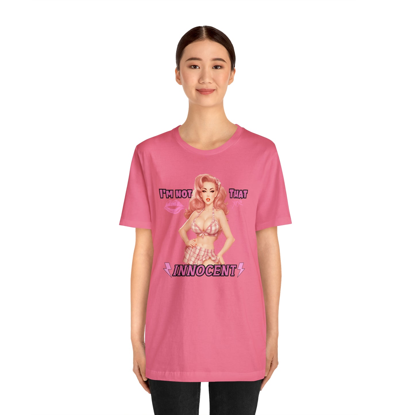 Timeless Elegance: Vintage Pink Pinup Girl "I'm not that Innocent on a Bella+Canva 3001 Unisex Jersey T-Shirt - A Must-Have Gift for her