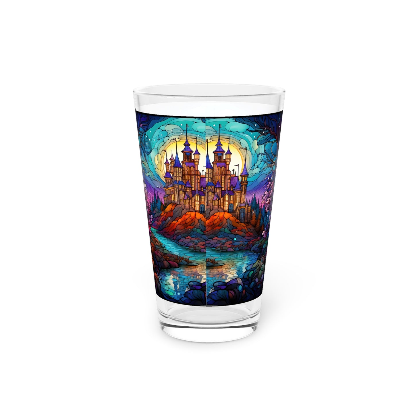 Enchanted Castle by the Creek: A Magical Stained Glass Artwork on a 16oz Pint Glass Gift idea, gifts for home decor, housewarming gift