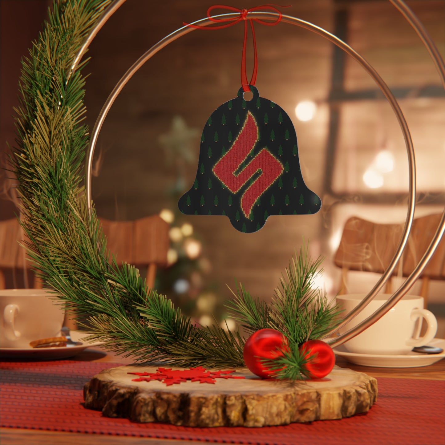 Sessmas Bell of Truth Approved by Shuli, Denied by Hack Comics Metal Ornament — Festive Shadow Figure & Red Emblem Holiday Bell Ornament