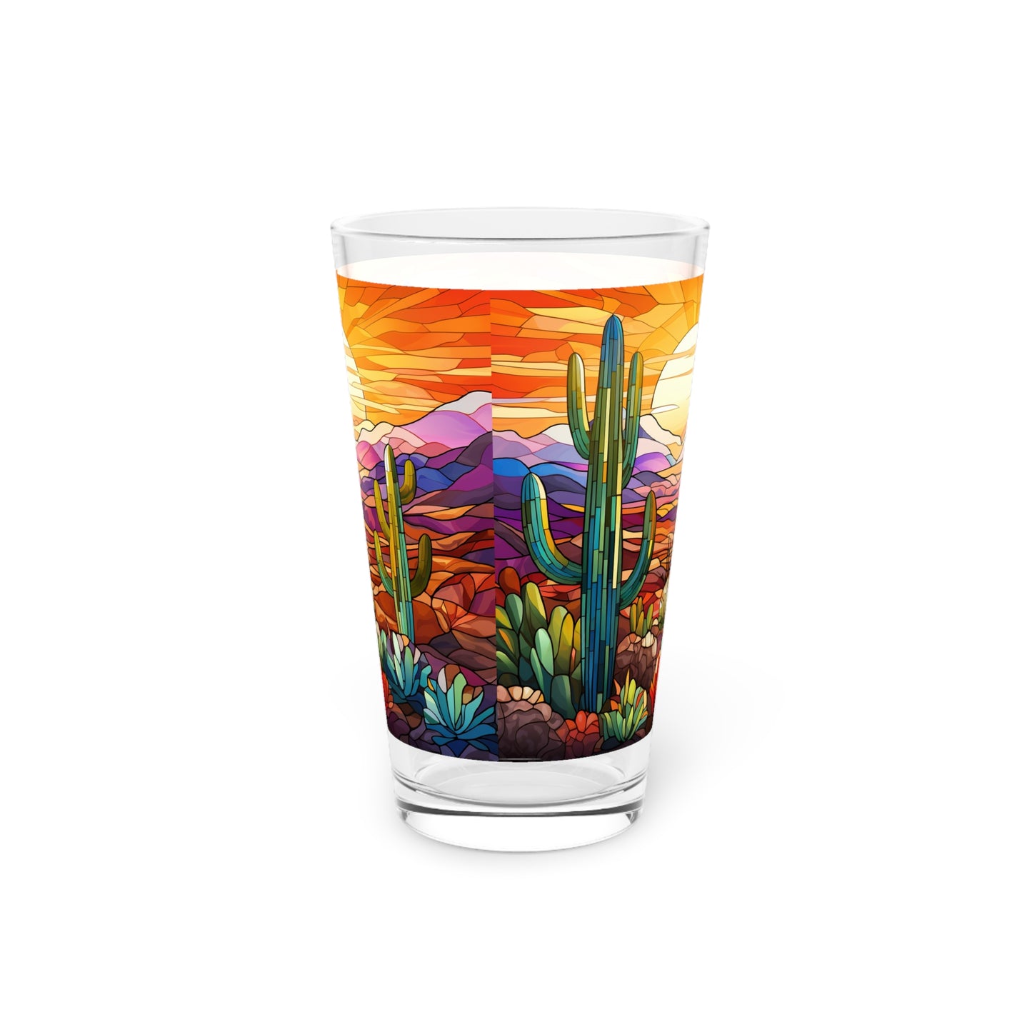 Desert with a Cactus Bloom: A Stained Glass Tribute to Cacti 16oz Pint Glass Gift idea gifts for home decor housewarming gift