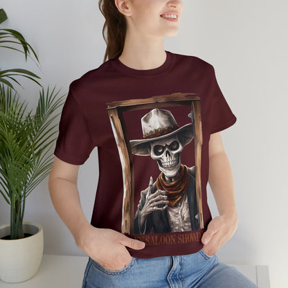 Spooky Saloon Showdown Gunslinging Skeleton Cowboy Halloween Unisex Jersey Short Sleeve Tee