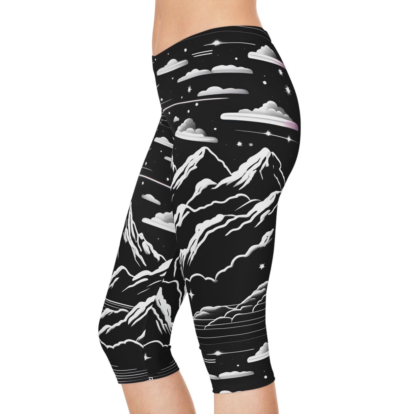 Women's Capri Leggings with Night Sky Silhouette and Moon Over Water - AOP Fitness & Yoga Leggings