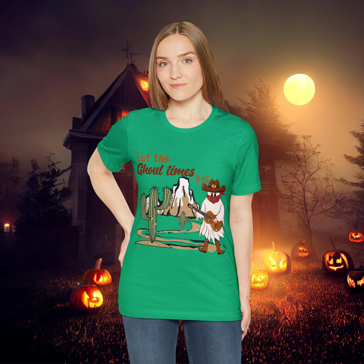 Cowboy Ghost playing the Guitar singing Let the Ghoul times roll Halloween Unisex Jersey Short Sleeve Tee Gifts for him Gifts for Her