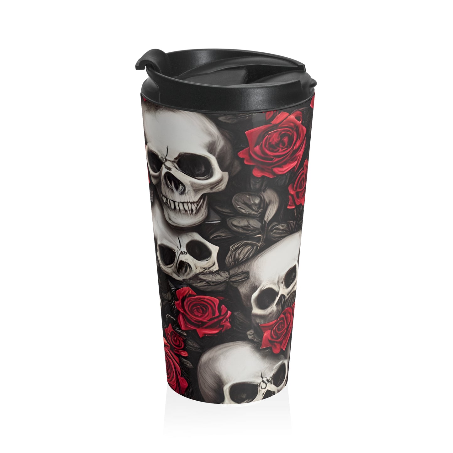 Hyper Realistic Skulls and Red Roses by artist Anne-Laure Goupil Stainless Steel Travel Mug