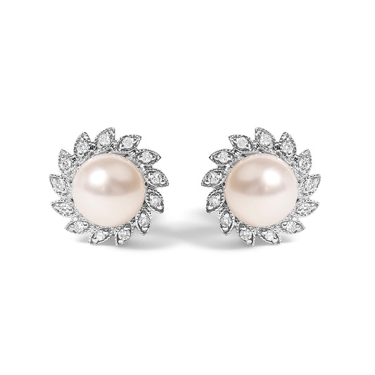 10K White Gold Heirloom-Style Pearl and Diamond Accent Halo Stud Earrings (I-J color, I1-I2 Clarity)